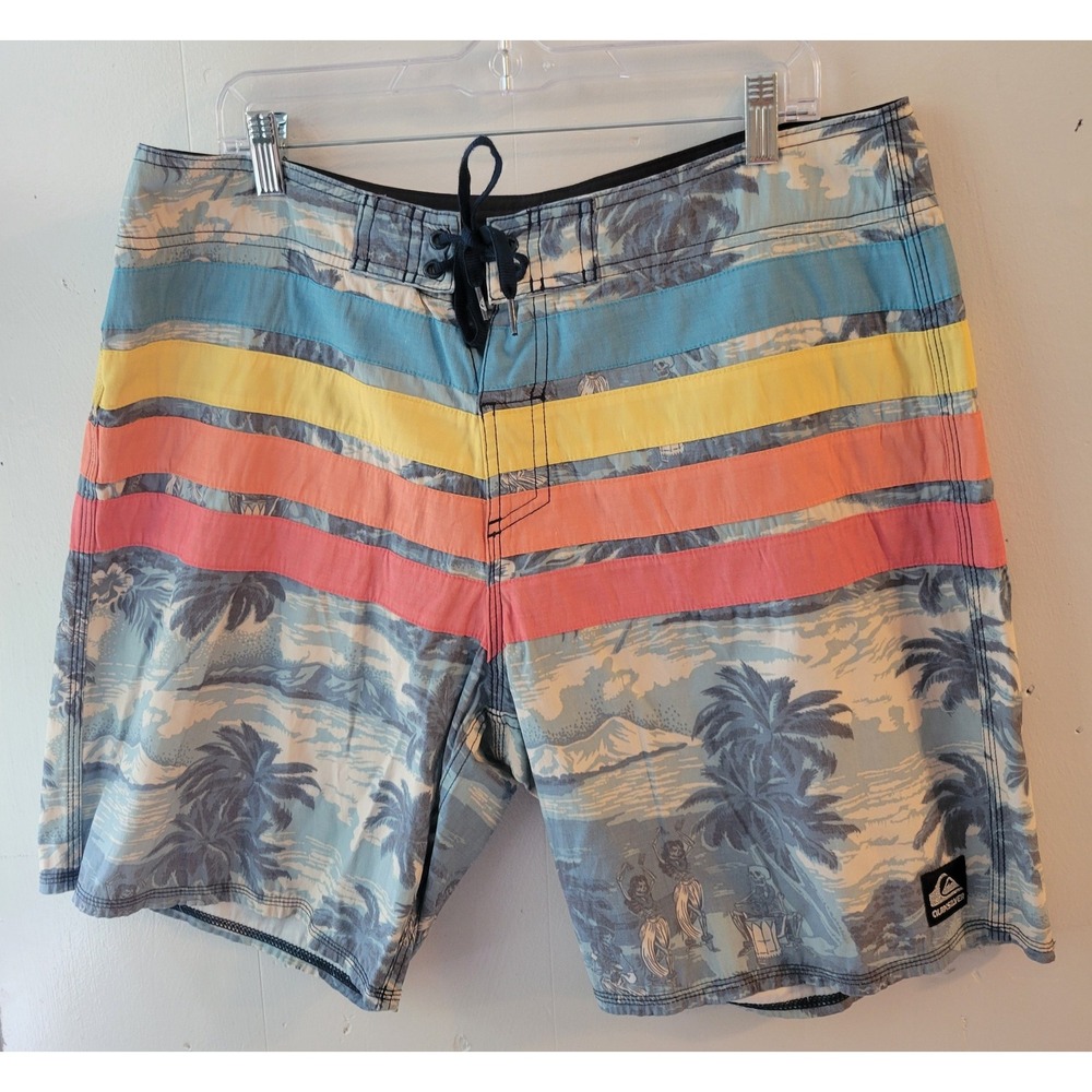 Quiksilver Board Short Mens 34 LG Blue Tropical Skeleton Hula Stripe Jayolio Tie